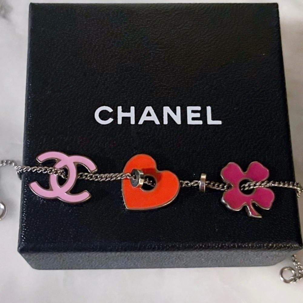 Authentic Chanel Lucky Charms Pink and Silver Charm Bracelet